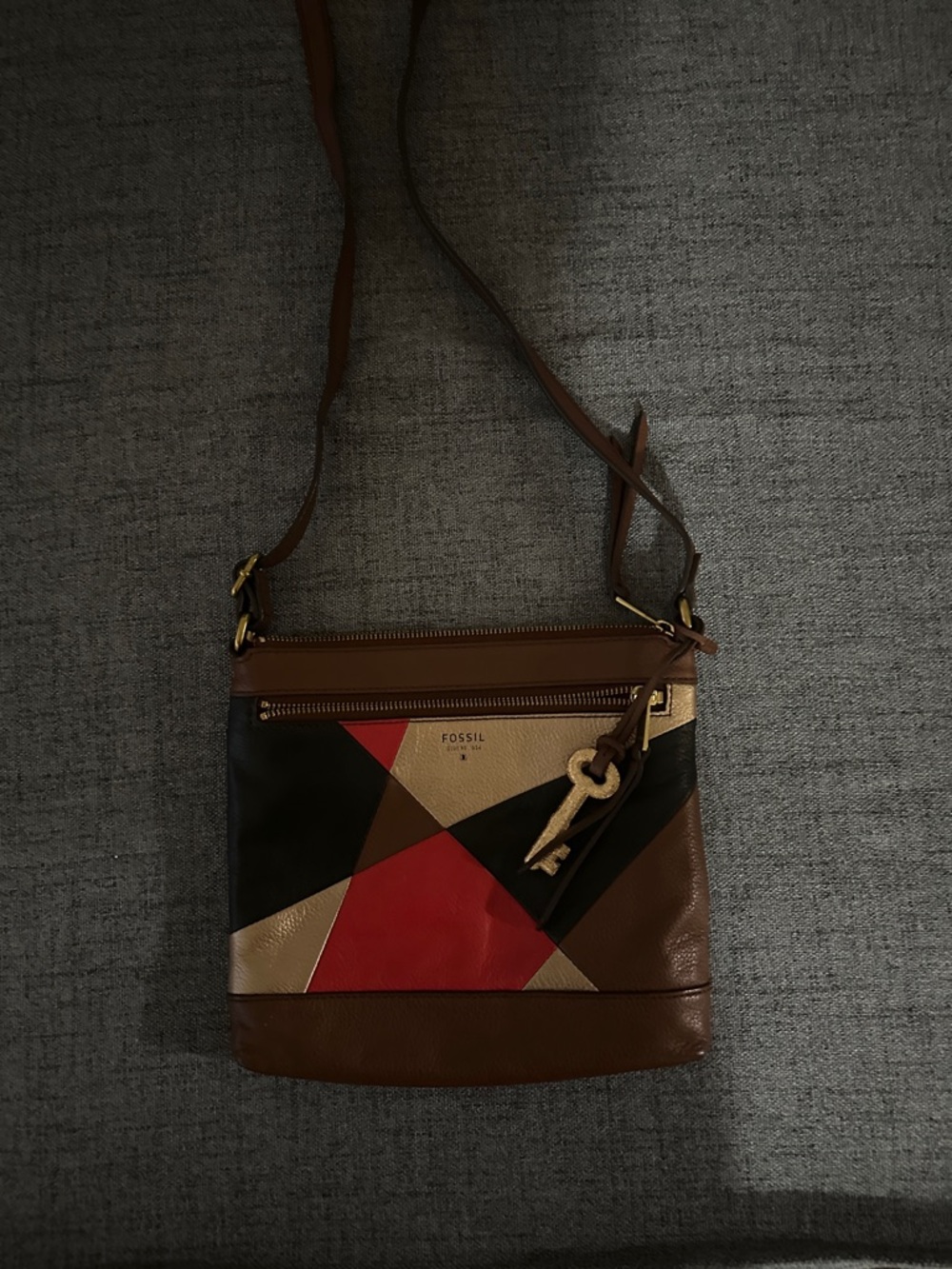 Fossil Brown Leather Geometric Panel Crossbody with Red and Black Accents